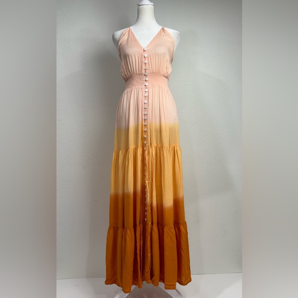 Tiare Hawaii Maxi Dress Button Front Dawn Ombre Pink Yellow Orange Tired Rayon S - Picture 1 of 13